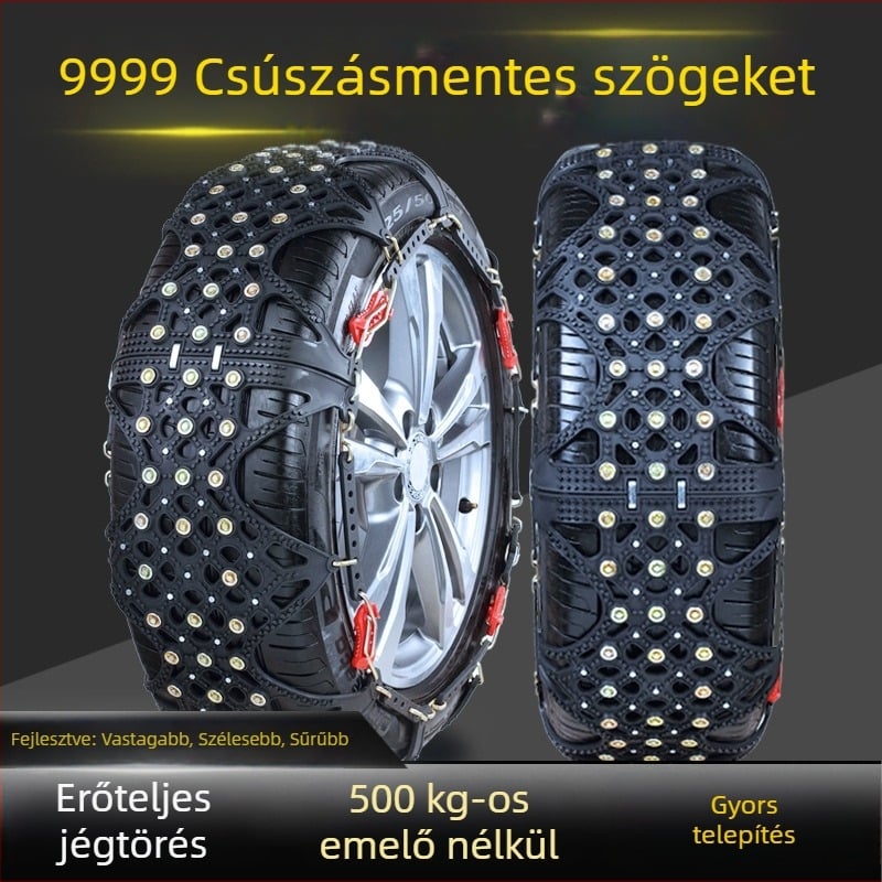 Autógumi hólánc gumibázisú és acél szegű, szélesített és megerősített kivitel, alkalmas szedánokra, furgonokra és terepjárókra