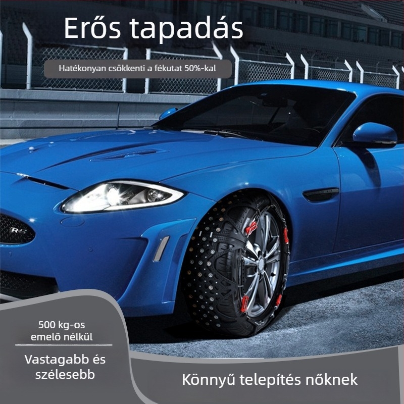 Autógumi hólánc gumibázisú és acél szegű, szélesített és megerősített kivitel, alkalmas szedánokra, furgonokra és terepjárókra