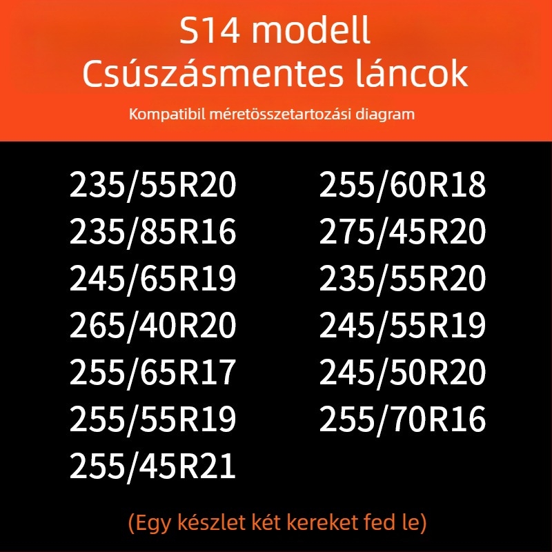 Autógumi hólánc gumibázisú és acél szegű, szélesített és megerősített kivitel, alkalmas szedánokra, furgonokra és terepjárókra