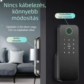 Intelligens ujjlenyomat-zár vas/fa ajtókhoz, Modell N2, 100 ujjlenyomat tárolás, >100000 feloldás, 0,5 s alatti szkennelés, -35°C–55°C működik