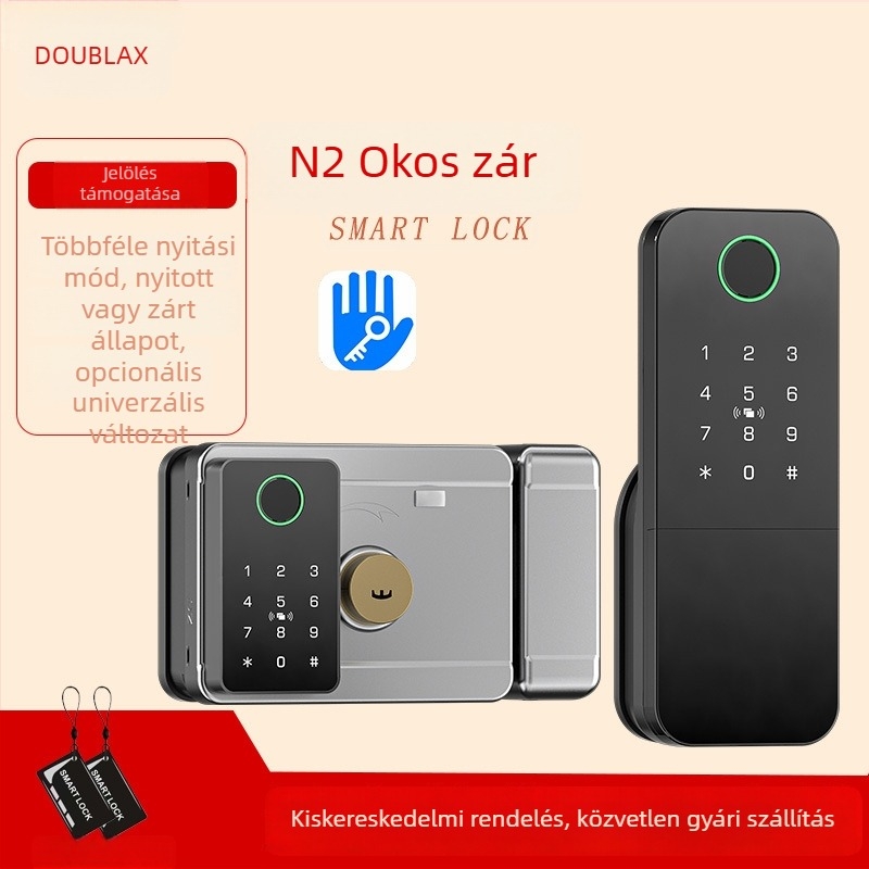 Intelligens ujjlenyomat-zár vas/fa ajtókhoz, Modell N2, 100 ujjlenyomat tárolás, >100000 feloldás, 0,5 s alatti szkennelés, -35°C–55°C működik