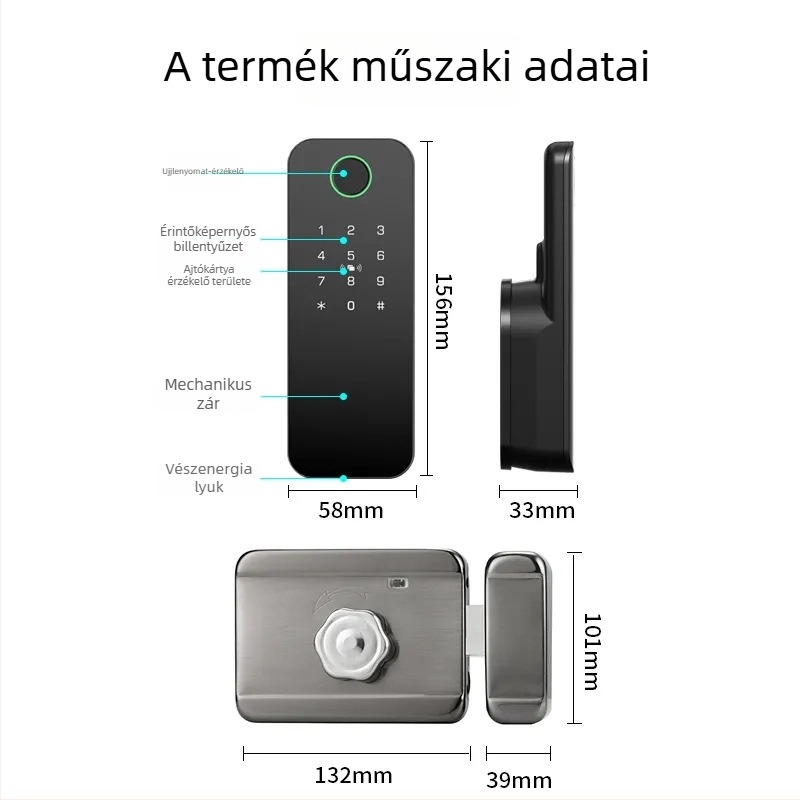 Intelligens ujjlenyomat-zár vas/fa ajtókhoz, Modell N2, 100 ujjlenyomat tárolás, >100000 feloldás, 0,5 s alatti szkennelés, -35°C–55°C működik