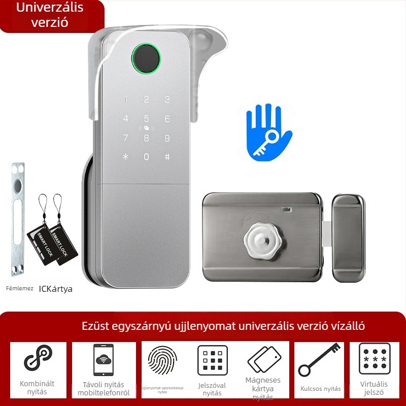 Intelligens ujjlenyomat-zár vas/fa ajtókhoz, Modell N2, 100 ujjlenyomat tárolás, >100000 feloldás, 0,5 s alatti szkennelés, -35°C–55°C működik