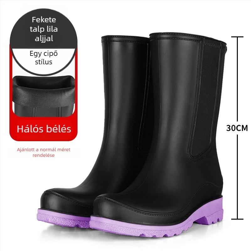 Női PVC esőcsizma – slip-on, középmagas, vízálló, csúszásmentes, alacsony sarkú 1–3 cm
