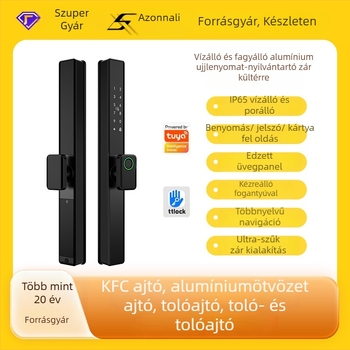 Okos zár alumínium ajtókhoz kétszintes ujjlenyomat-olvasóval, jelszóval és kártyával – vízálló, keskeny keret. 100 ujjlenyomat tárolása; több mint 100 000 nyitási ciklus; 0,05 s alatti szkennelés.