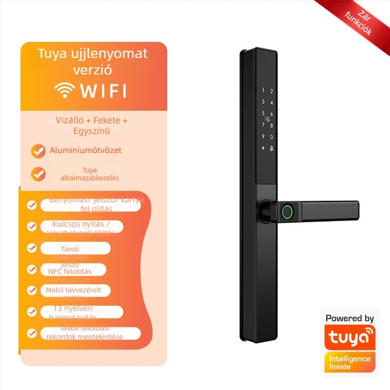 Okos zár alumínium ajtókhoz kétszintes ujjlenyomat-olvasóval, jelszóval és kártyával – vízálló, keskeny keret. 100 ujjlenyomat tárolása; több mint 100 000 nyitási ciklus; 0,05 s alatti szkennelés.