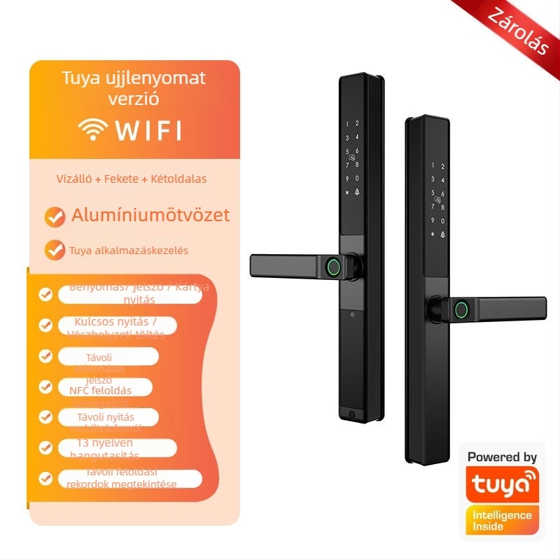 Okos zár alumínium ajtókhoz kétszintes ujjlenyomat-olvasóval, jelszóval és kártyával – vízálló, keskeny keret. 100 ujjlenyomat tárolása; több mint 100 000 nyitási ciklus; 0,05 s alatti szkennelés.