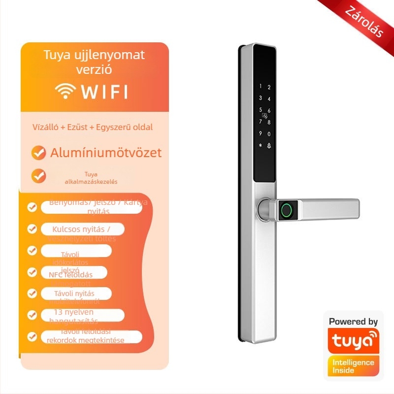 Okos zár alumínium ajtókhoz kétszintes ujjlenyomat-olvasóval, jelszóval és kártyával – vízálló, keskeny keret. 100 ujjlenyomat tárolása; több mint 100 000 nyitási ciklus; 0,05 s alatti szkennelés.