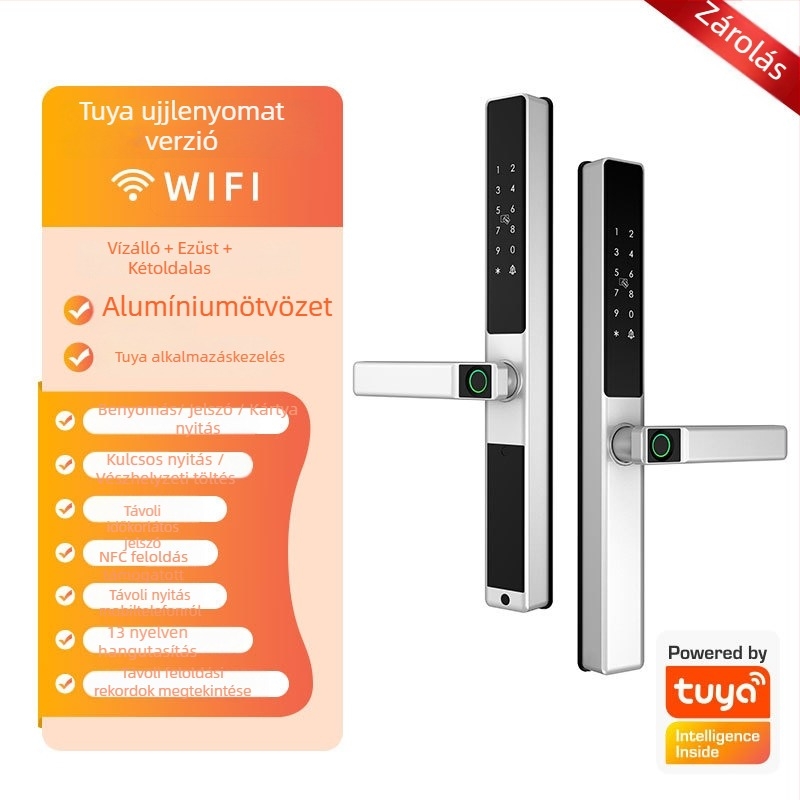 Okos zár alumínium ajtókhoz kétszintes ujjlenyomat-olvasóval, jelszóval és kártyával – vízálló, keskeny keret. 100 ujjlenyomat tárolása; több mint 100 000 nyitási ciklus; 0,05 s alatti szkennelés.