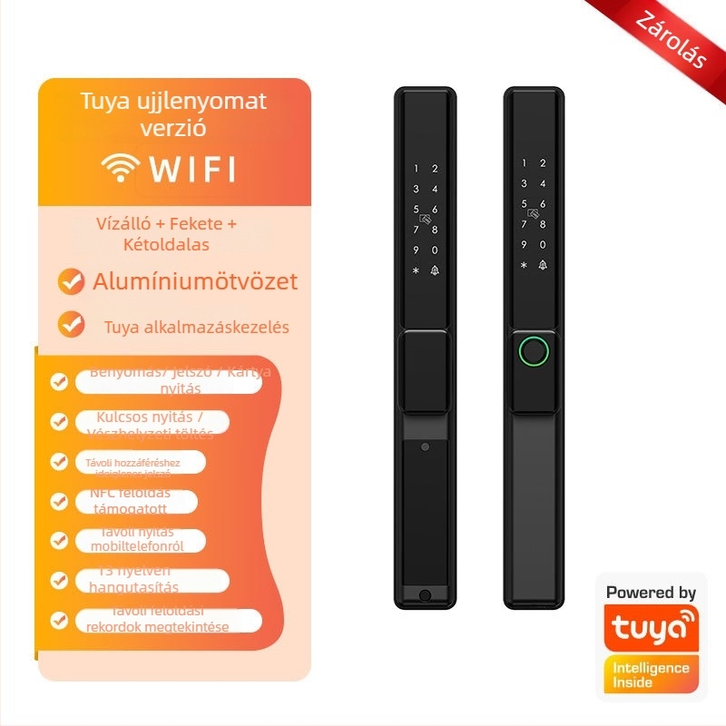Okos zár alumínium ajtókhoz kétszintes ujjlenyomat-olvasóval, jelszóval és kártyával – vízálló, keskeny keret. 100 ujjlenyomat tárolása; több mint 100 000 nyitási ciklus; 0,05 s alatti szkennelés.