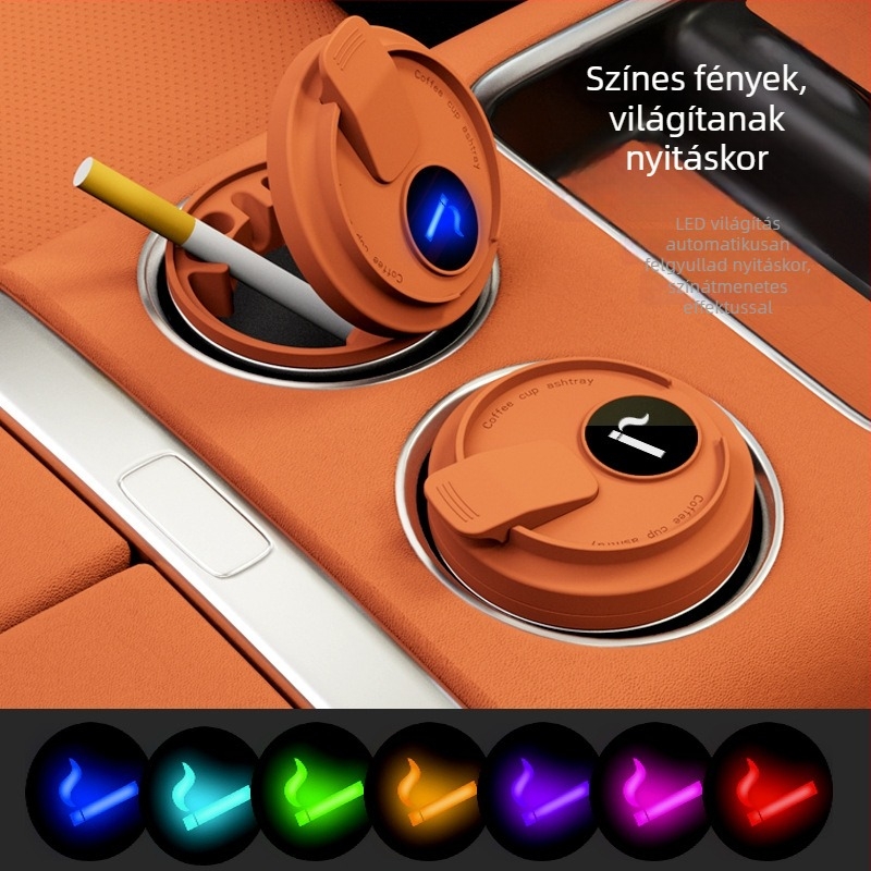 Autóba szerelhető hamutál fedővel, ABS anyag, univerzális modell, gravírozási folyamat, automatikus füstcsillapítás