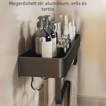 Fali törölközőtartó fürdőszobába, fúrás nélküli, alumínium ötvözet, összecsukható tálca, 10 kg teherbírás