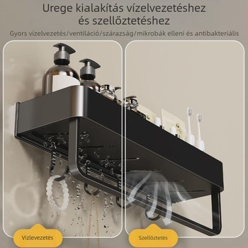 Fali törölközőtartó fürdőszobába, fúrás nélküli, alumínium ötvözet, összecsukható tálca, 10 kg teherbírás