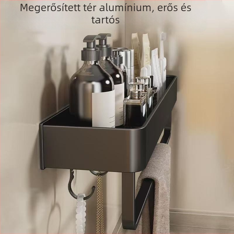 Fali törölközőtartó fürdőszobába, fúrás nélküli, alumínium ötvözet, összecsukható tálca, 10 kg teherbírás