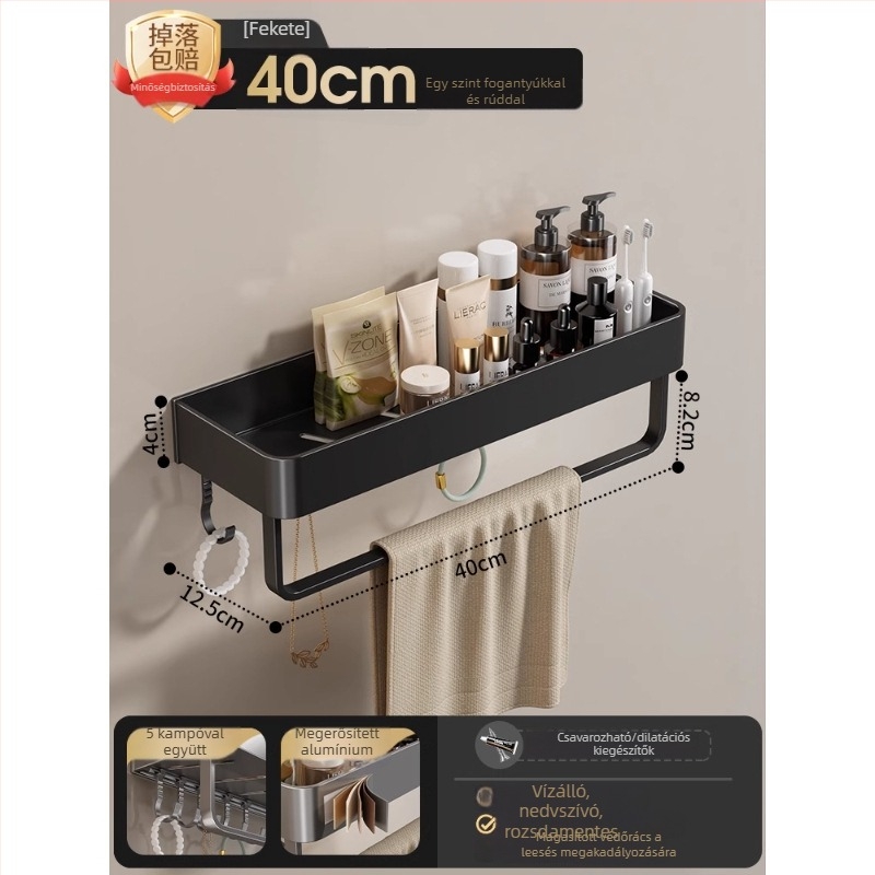 Fali törölközőtartó fürdőszobába, fúrás nélküli, alumínium ötvözet, összecsukható tálca, 10 kg teherbírás
