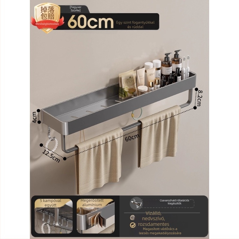 Fali törölközőtartó fürdőszobába, fúrás nélküli, alumínium ötvözet, összecsukható tálca, 10 kg teherbírás
