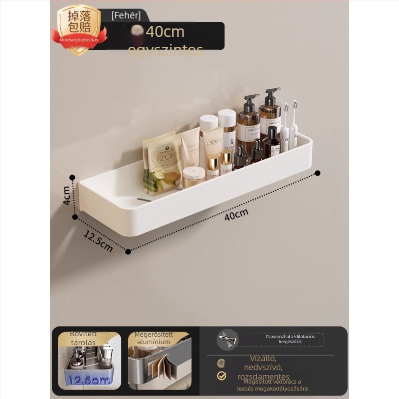 Fali törölközőtartó fürdőszobába, fúrás nélküli, alumínium ötvözet, összecsukható tálca, 10 kg teherbírás