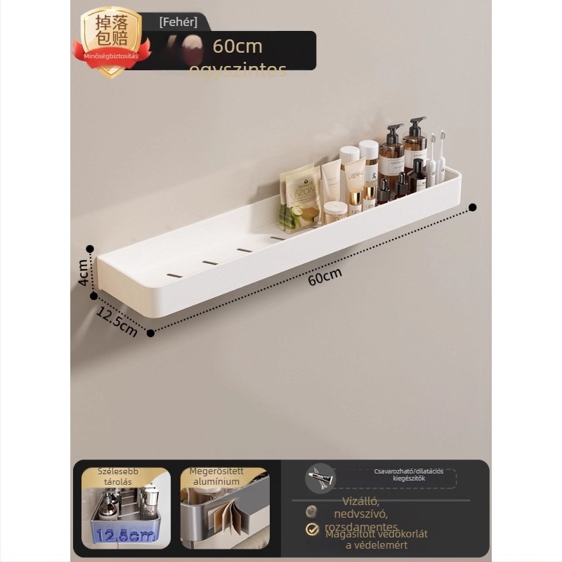 Fali törölközőtartó fürdőszobába, fúrás nélküli, alumínium ötvözet, összecsukható tálca, 10 kg teherbírás