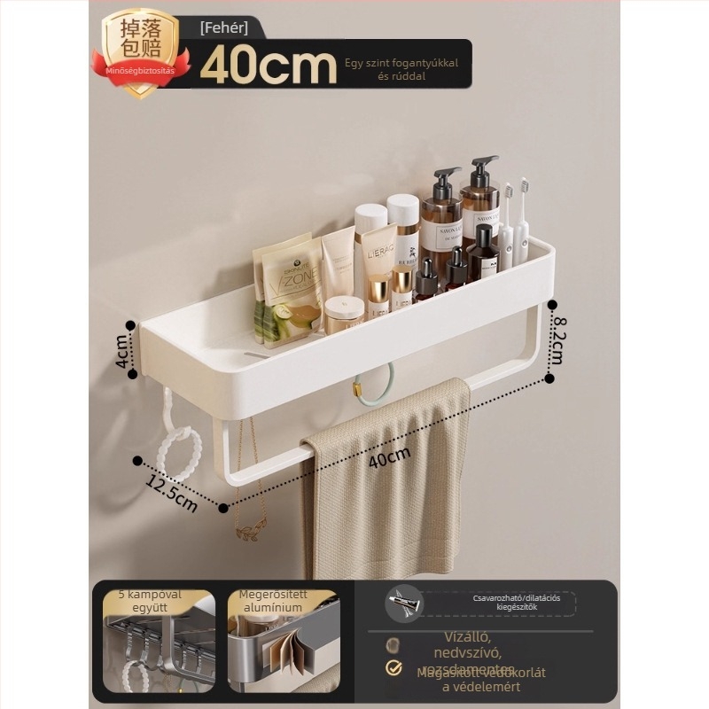 Fali törölközőtartó fürdőszobába, fúrás nélküli, alumínium ötvözet, összecsukható tálca, 10 kg teherbírás
