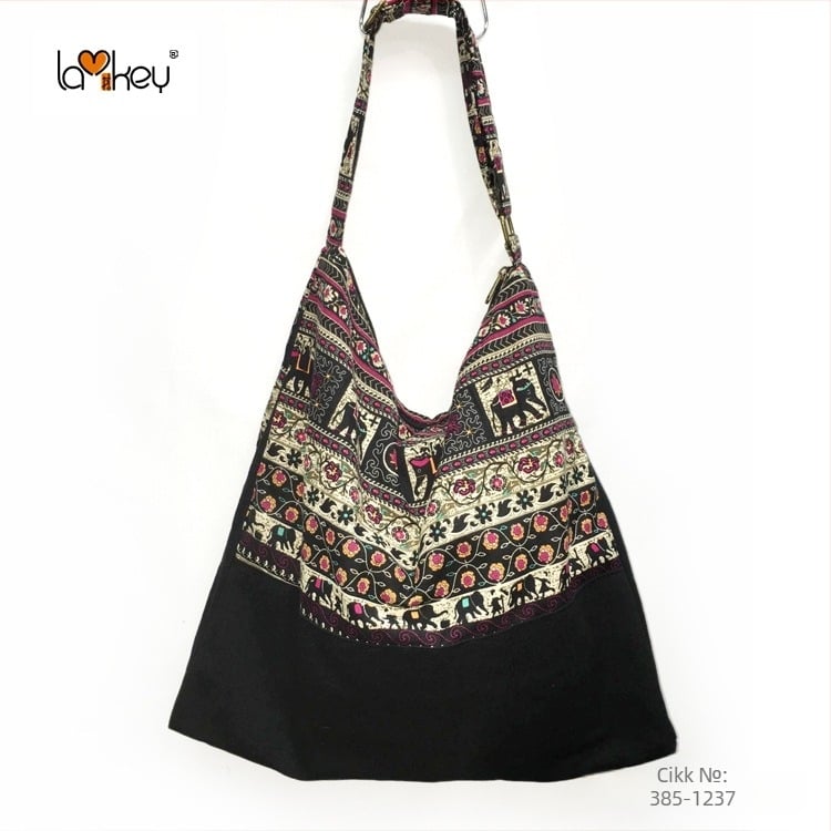 Női váll-táska etnikus stílussal, pamut anyag, csíkos minta, cipzáras nyitás, pamut bélés