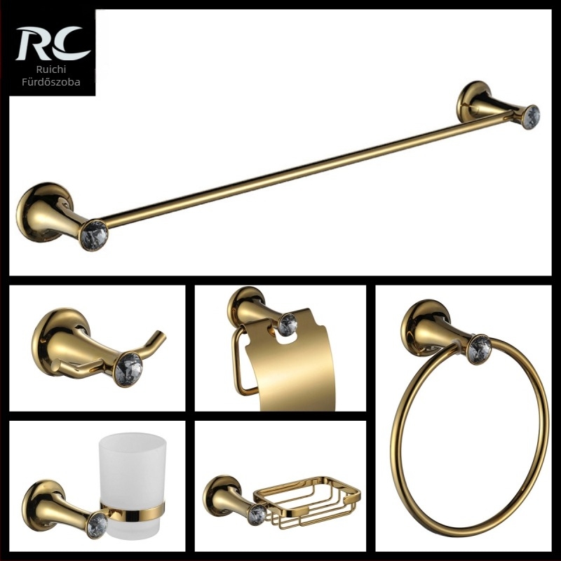 Ruichi Bathroom cinkötvözet törölközőtartó készlet arany felülettel, 6 darabos, modern minimalista stílus