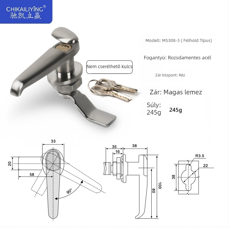 Zinköntvényes kezelőzár ipari ajtókhoz és szekrényekhez — modellek MS308-2, MS308-3, MS308-3 félhold alakú, modern minimalista stílus