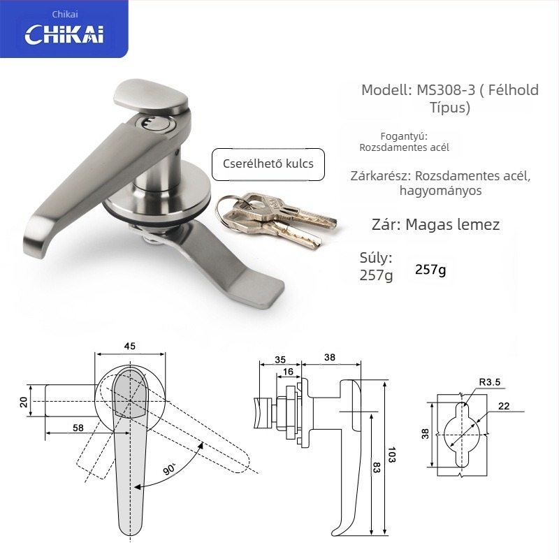 Zinköntvényes kezelőzár ipari ajtókhoz és szekrényekhez — modellek MS308-2, MS308-3, MS308-3 félhold alakú, modern minimalista stílus