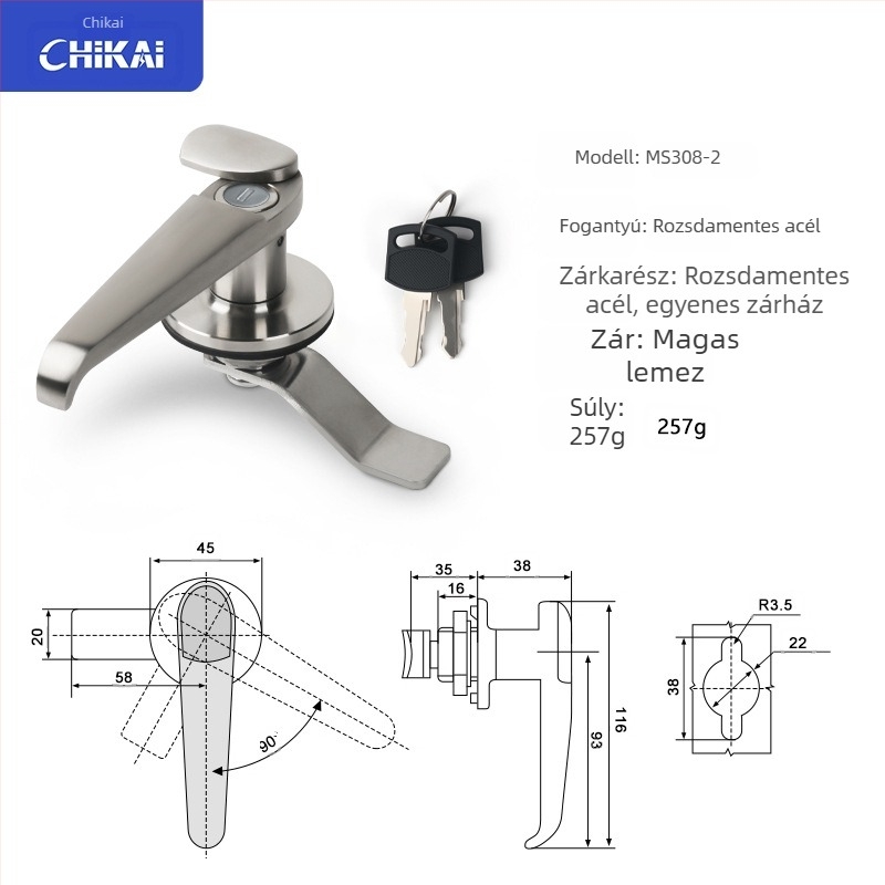 Zinköntvényes kezelőzár ipari ajtókhoz és szekrényekhez — modellek MS308-2, MS308-3, MS308-3 félhold alakú, modern minimalista stílus