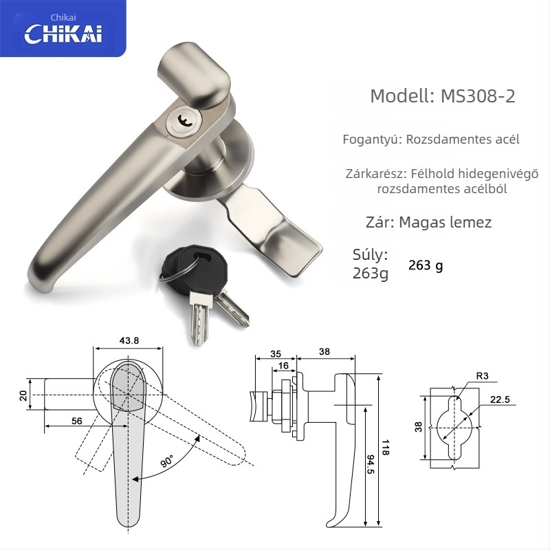 Zinköntvényes kezelőzár ipari ajtókhoz és szekrényekhez — modellek MS308-2, MS308-3, MS308-3 félhold alakú, modern minimalista stílus