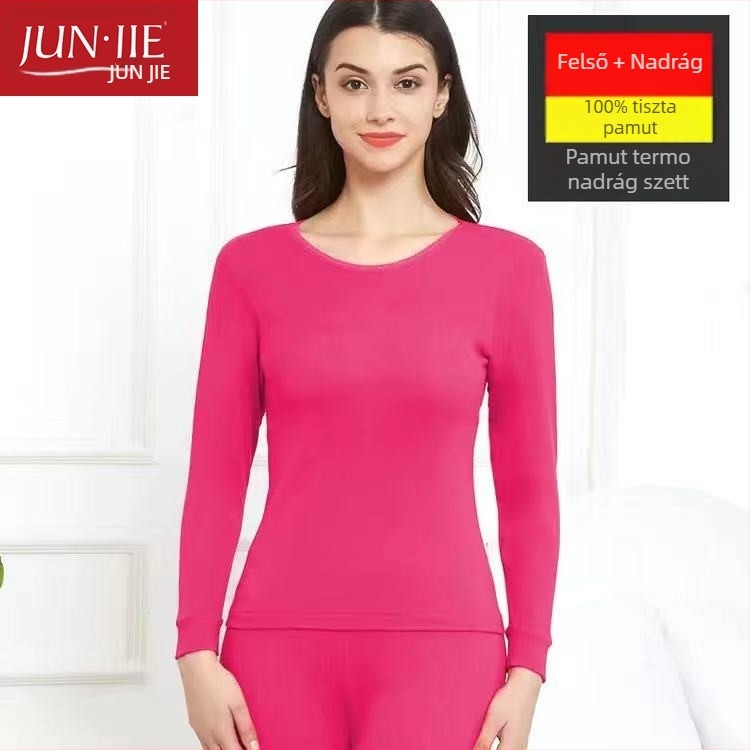 Férfiak számára készült 100% pamut termikus alsóruha készlet, hosszú ujjú pulóver és nadrág – közepes sűrűségű anyag, magas gallér