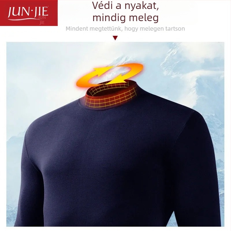 Férfiak számára készült 100% pamut termikus alsóruha készlet, hosszú ujjú pulóver és nadrág – közepes sűrűségű anyag, magas gallér