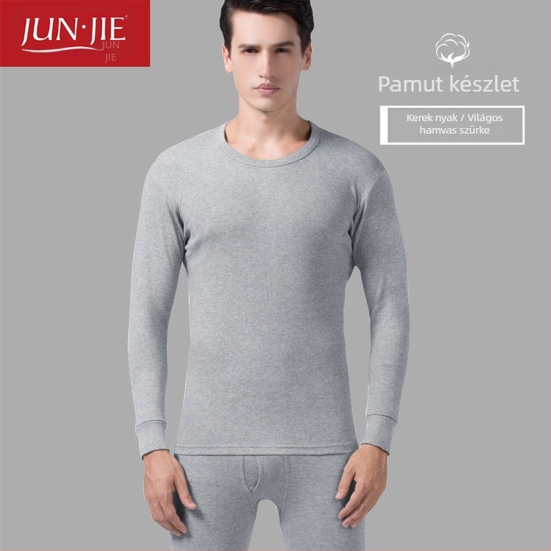 Férfiak számára készült 100% pamut termikus alsóruha készlet, hosszú ujjú pulóver és nadrág – közepes sűrűségű anyag, magas gallér