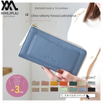 Női hosszú pénztárca szemcsés bőrrel, kártyatartó rekeszekkel és aprópénztárcával, nagy kapacitású, valódi bőr, első réteg marhabőr, bélés marhabőrből