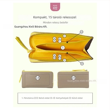 Női hosszú pénztárca szemcsés bőrrel, kártyatartó rekeszekkel és aprópénztárcával, nagy kapacitású, valódi bőr, első réteg marhabőr, bélés marhabőrből