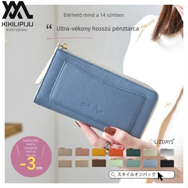 Női hosszú pénztárca szemcsés bőrrel, kártyatartó rekeszekkel és aprópénztárcával, nagy kapacitású, valódi bőr, első réteg marhabőr, bélés marhabőrből