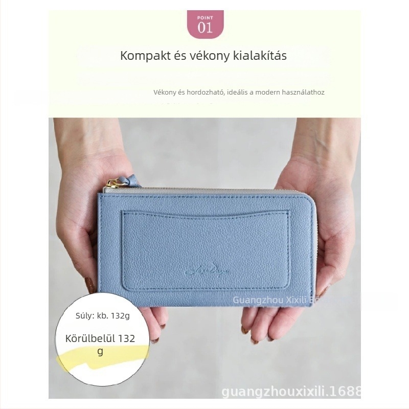 Női hosszú pénztárca szemcsés bőrrel, kártyatartó rekeszekkel és aprópénztárcával, nagy kapacitású, valódi bőr, első réteg marhabőr, bélés marhabőrből