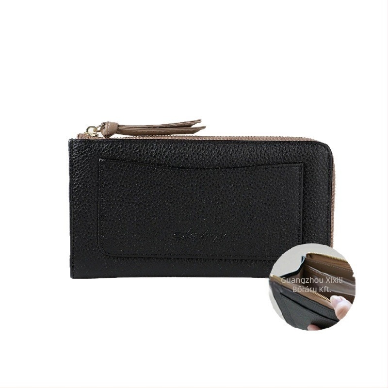 Női hosszú pénztárca szemcsés bőrrel, kártyatartó rekeszekkel és aprópénztárcával, nagy kapacitású, valódi bőr, első réteg marhabőr, bélés marhabőrből