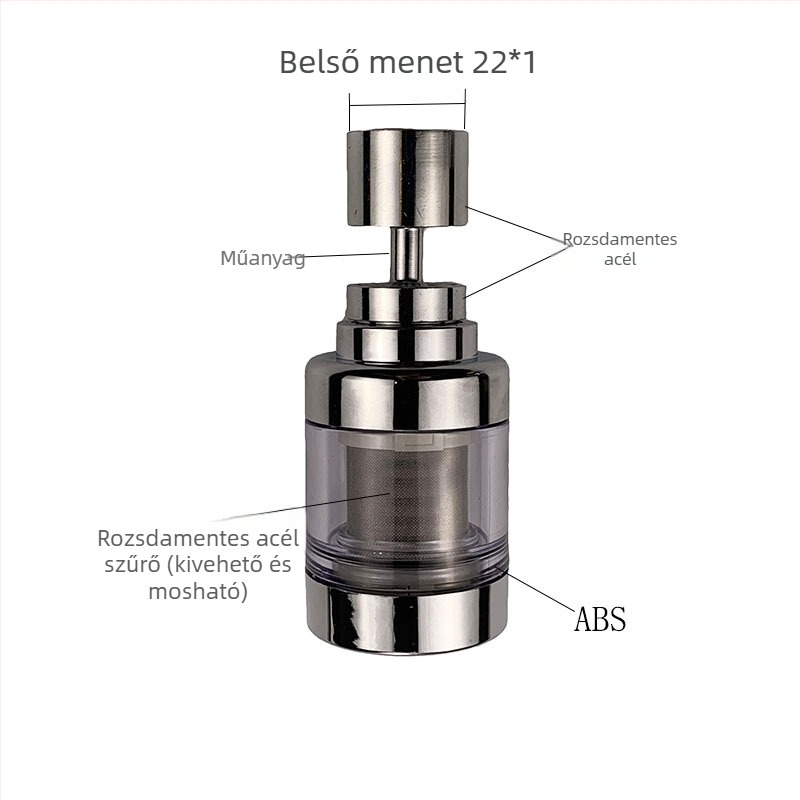 Csaptele szűrőfej, rozsdamentes acél, univerzálisan forgó háromszintű vízkiárat, fej a szórás ellen és hosszabbító