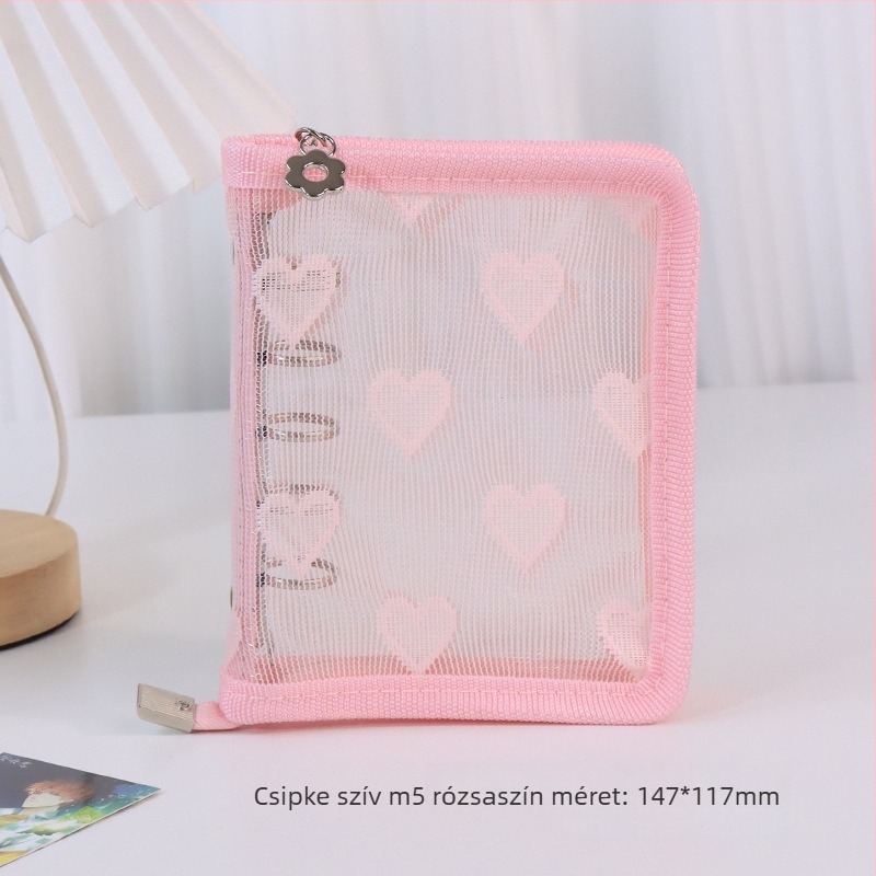 Szív alakú, átlátszó PVC borítóval ellátott lazán kötött album, 3 lyukas kötés