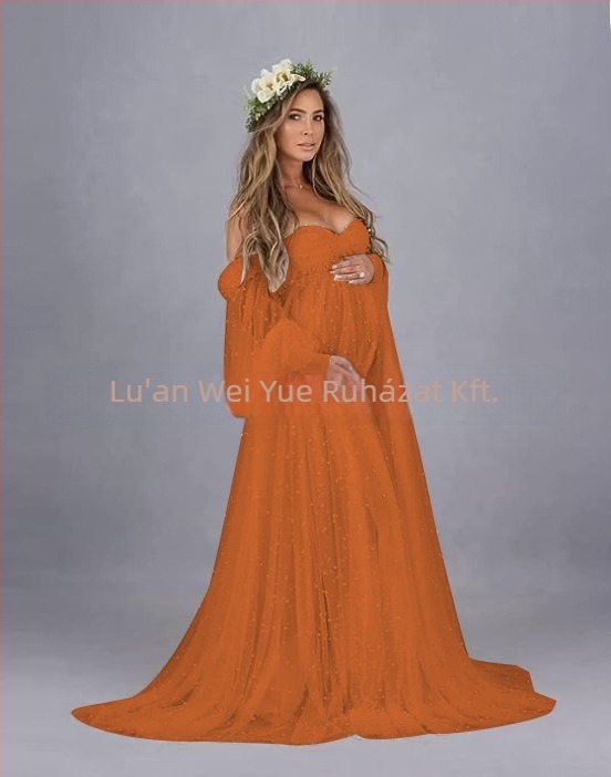 Egyvállas hálószövésű patchwork ruha, terhes, hosszú A-vonal, puffos ujjak