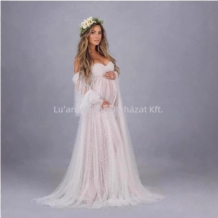 Egyvállas hálószövésű patchwork ruha, terhes, hosszú A-vonal, puffos ujjak