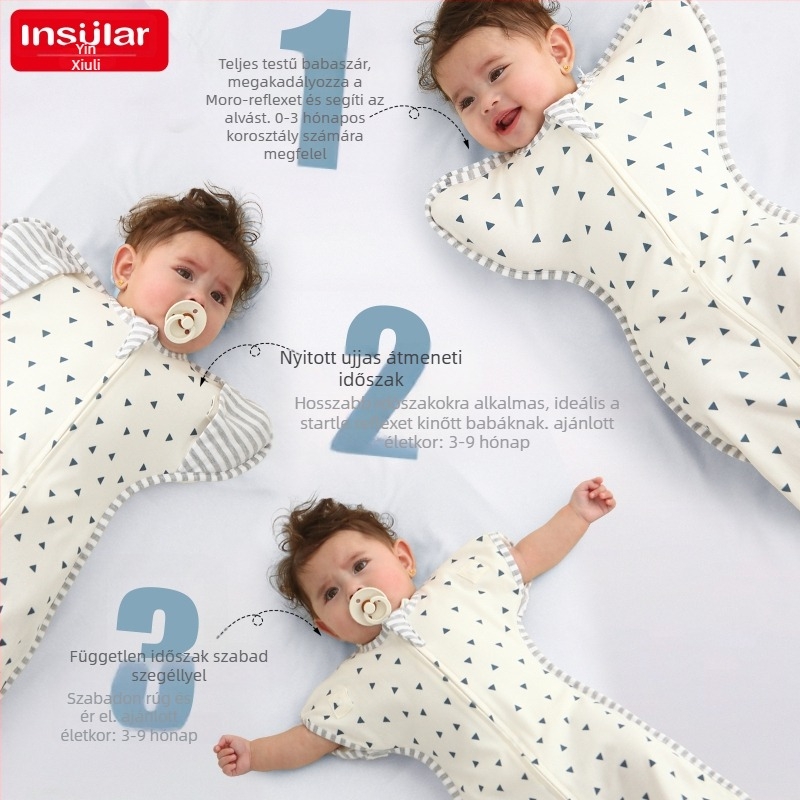 Babát alvózsák 95%+ pamutból, anti-startle dizájn, levehető ujjak, négy évszak, nylon cipzár