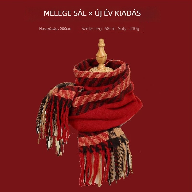 Sál karos mintával, warp-knit kötés, műkasmír, 100% poliészter, téli meleg