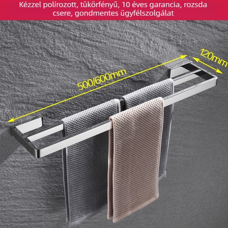 Fali törölközőtartó, 304 rozsdamentes acél, tükrös felület, két darabos készlet a fürdőszobához