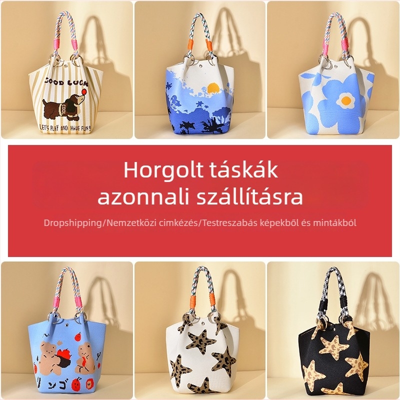 Kötött bucket alakú kézitáska mágneszárval, bélés nélkül, nyitott zseb