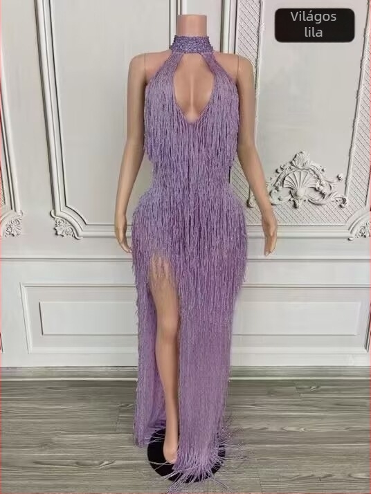 Hosszú halter nyakú bojtos ruha színpadi előadáshoz, női, kecskebőr–spandex keverék (90–95% kecskebőr)