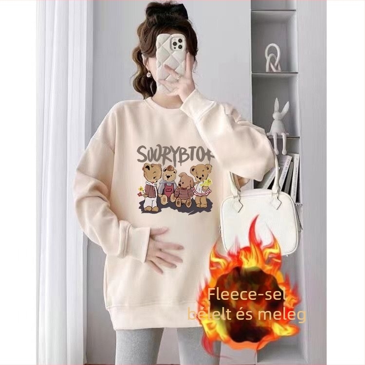 Anyasági őszi-téli két darabos készlet – Air Cotton fleece béléssel, kerek nyakú felső, laza szabás, középmagas hossz, feneket takaró, japán-koreai casual stílus