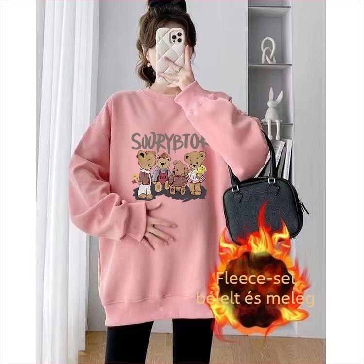 Anyasági őszi-téli két darabos készlet – Air Cotton fleece béléssel, kerek nyakú felső, laza szabás, középmagas hossz, feneket takaró, japán-koreai casual stílus