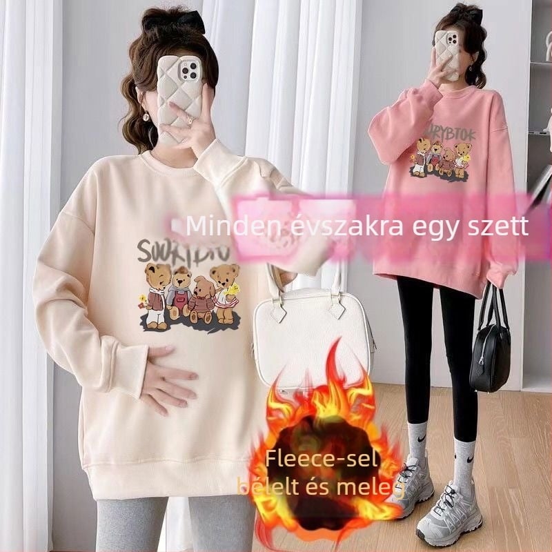 Anyasági őszi-téli két darabos készlet – Air Cotton fleece béléssel, kerek nyakú felső, laza szabás, középmagas hossz, feneket takaró, japán-koreai casual stílus