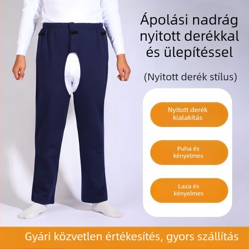 Nyári vékony nadrág nyitott ágyékkal idős ágyban fekvő betegek ápolásához, magas derék, bélelt, pelene cseréhez és inkontinenciához